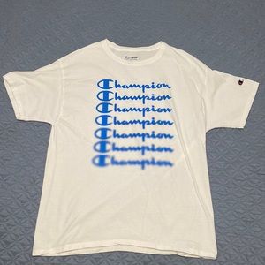 Large white Champion tee with logos